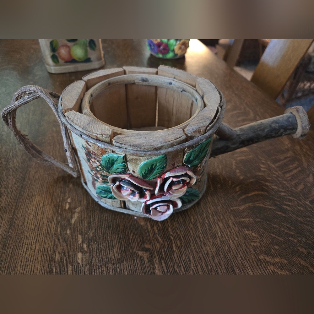 Handcrafted Rare Wooden Rustic Watering Can Plant Holder with 3D Roses/Leaves